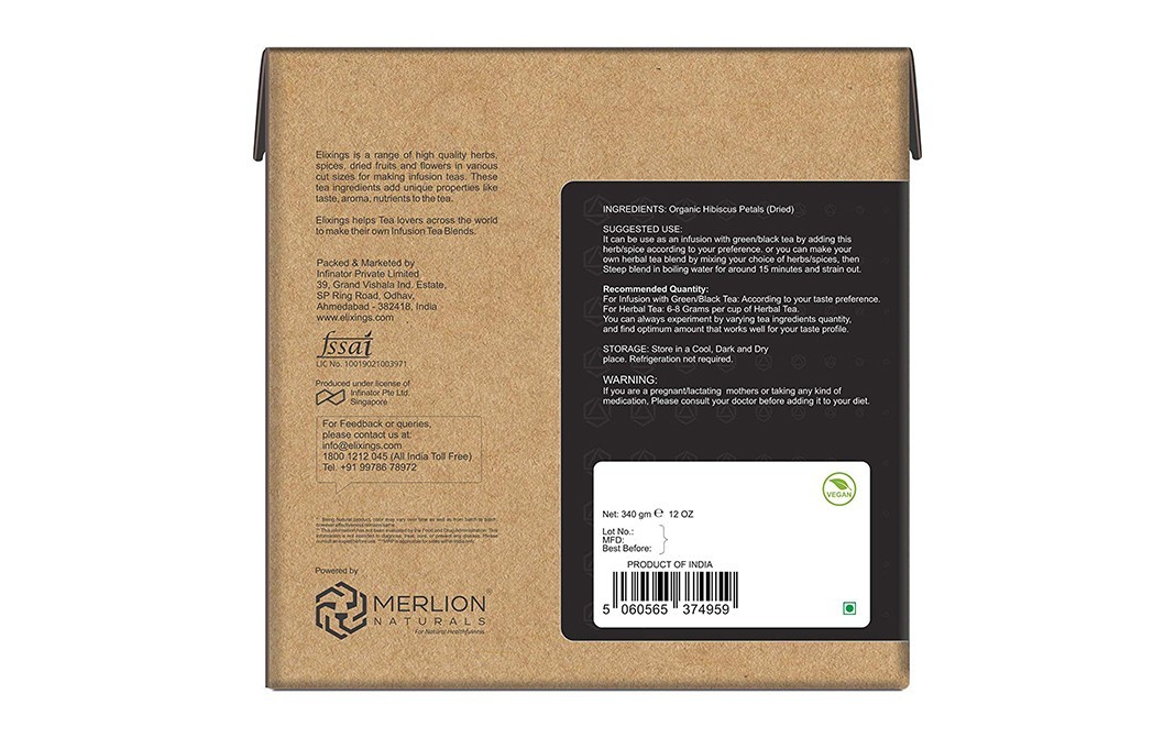 Elixings Organic Hibiscus Petals Hibiscus Rosa Sinensis Loose Leaf Cut   Box  340 grams